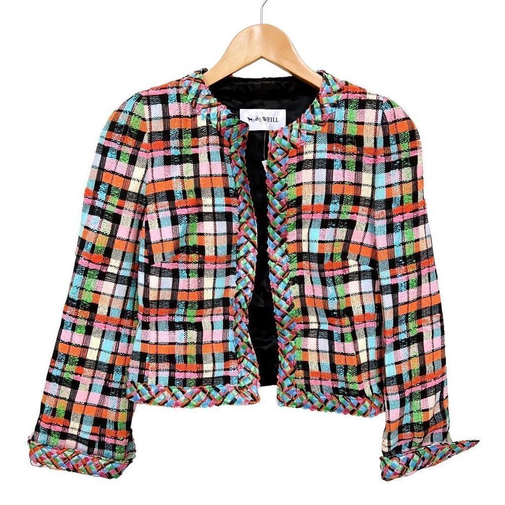 NWT Weill Paris Tweed Blazer Jacket Rainbow Black Plaid Colorful size 8